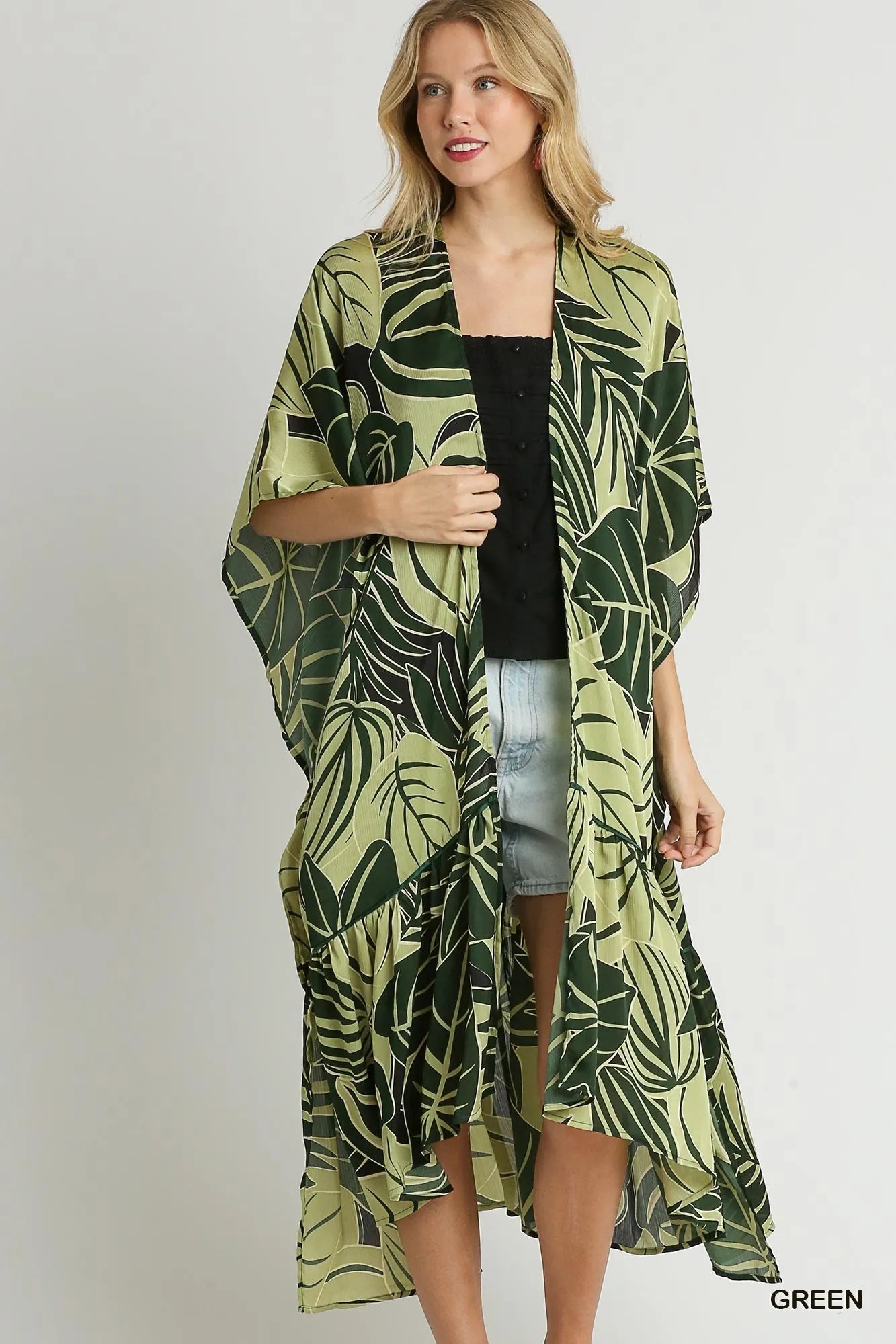 Satin Tropical Print Open Front Kimono with Ruffle Details at In Style Chics Boutique 
