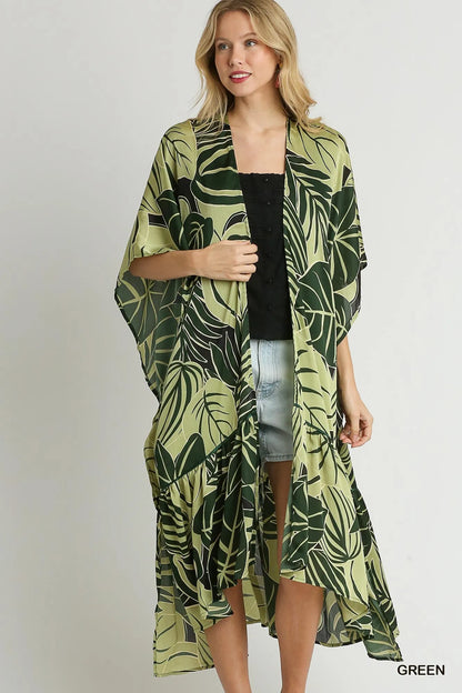 Satin Tropical Print Open Front Kimono with Ruffle Details at In Style Chics Boutique 