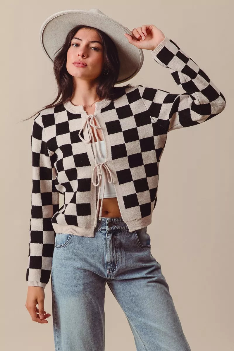 Shop Tie Front Checkered Knitted Round Neck Cardigan at In Style Chics Boutique