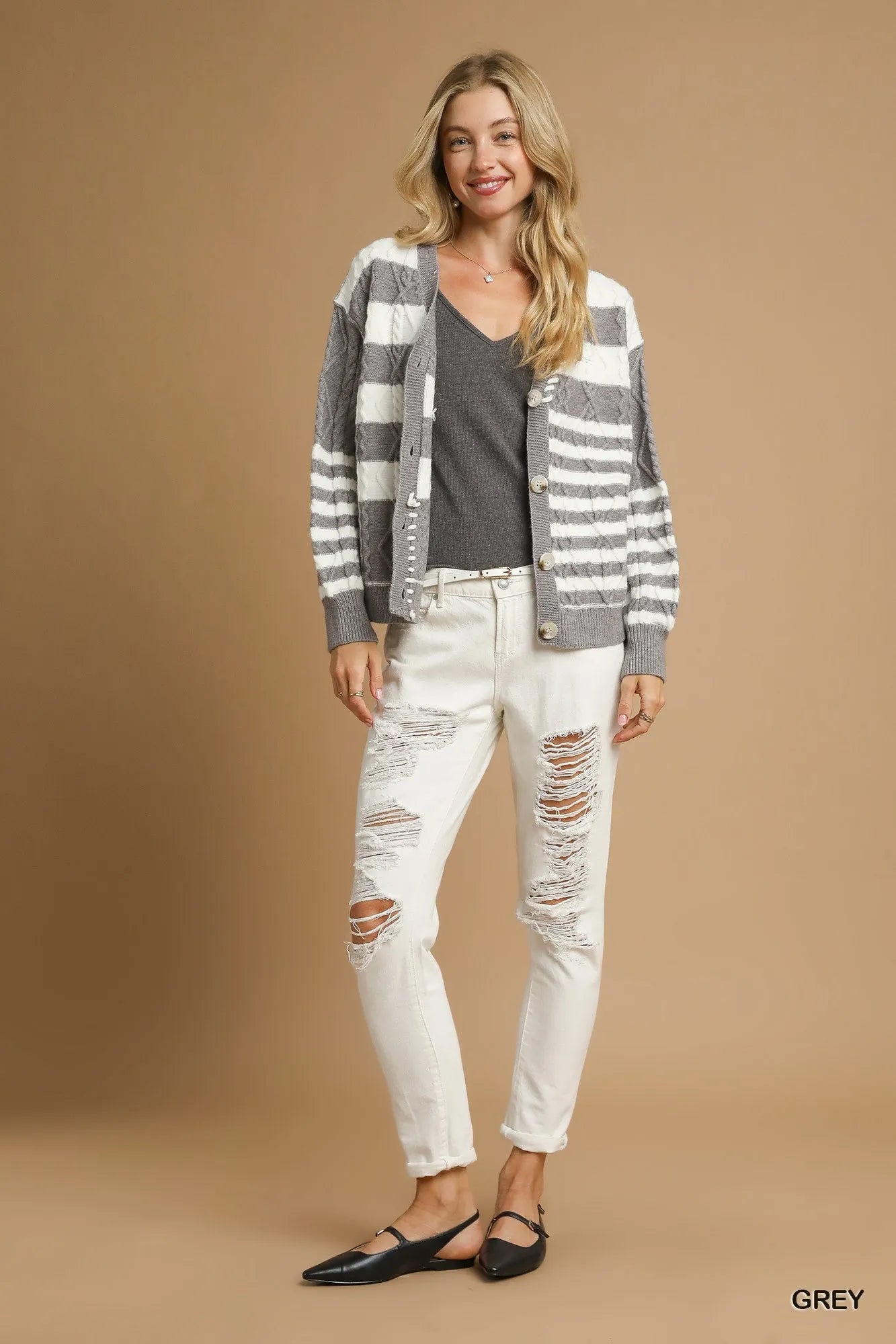 Cable-Knit Stripe Button-Up Cardigan at In Style Chics Boutique 