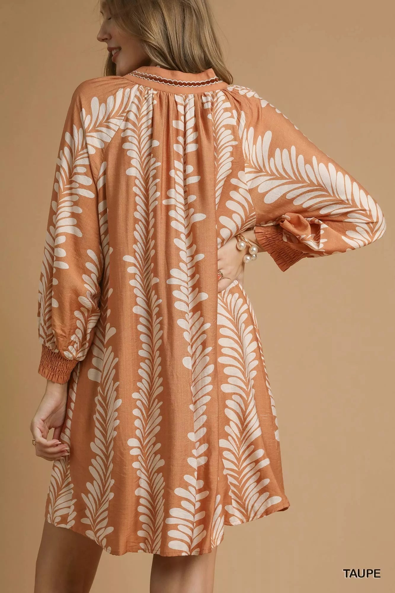 Leaf Print Notched Mini Babydoll Dress at In Style Chics Boutique 