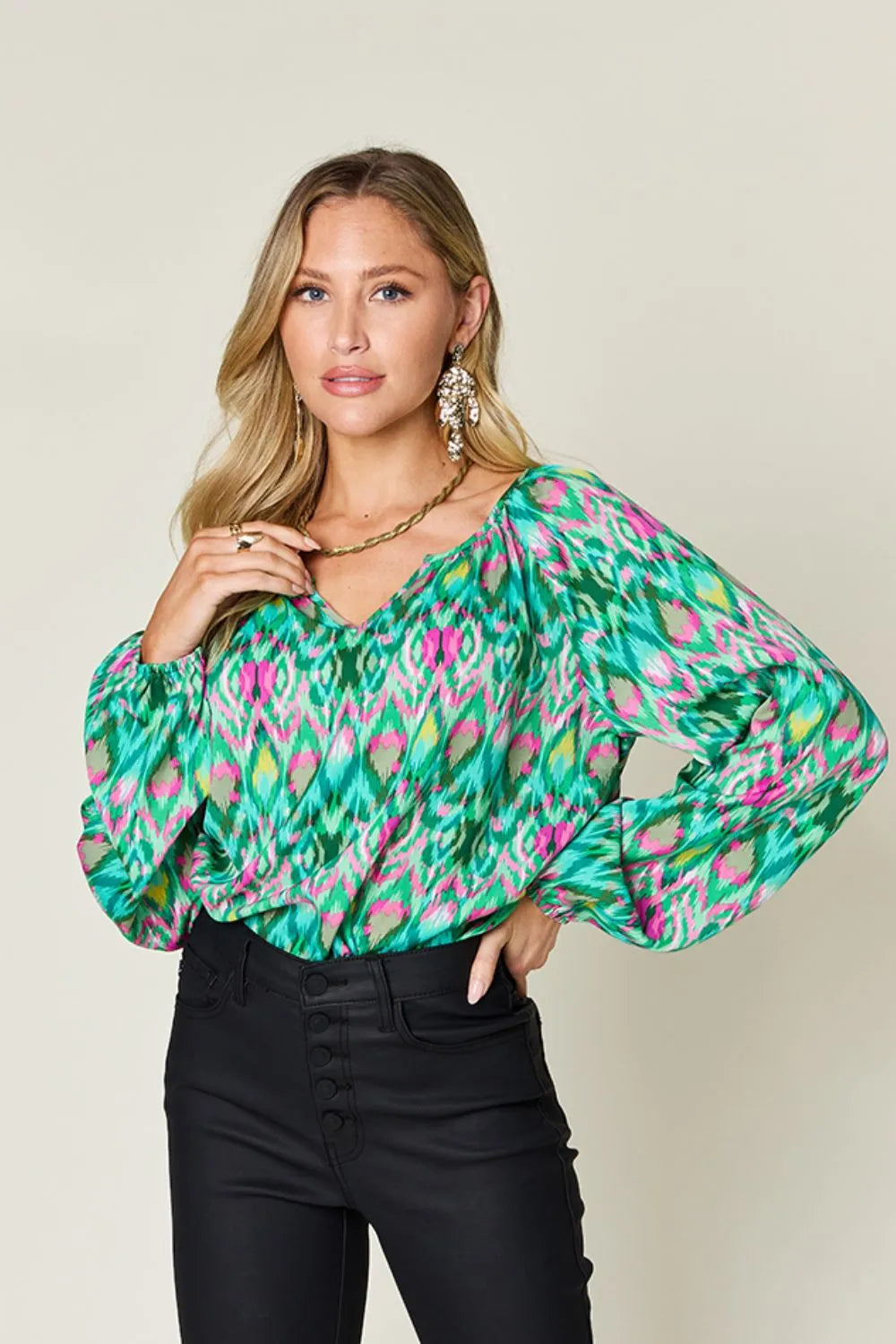Printed Balloon Sleeve Blouse at In Style Chics Boutique 