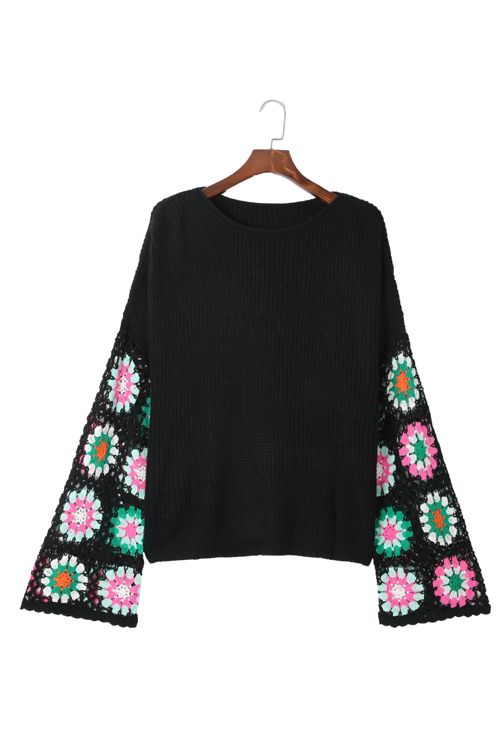 Black Floral Crochet Bell Sleeve Loose Knit Sweater