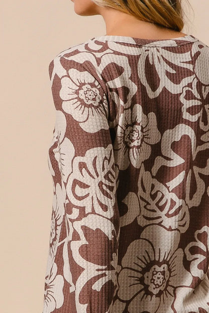 Flower Printed Waffle Thumb Opening Top at In Style Chics Boutique 