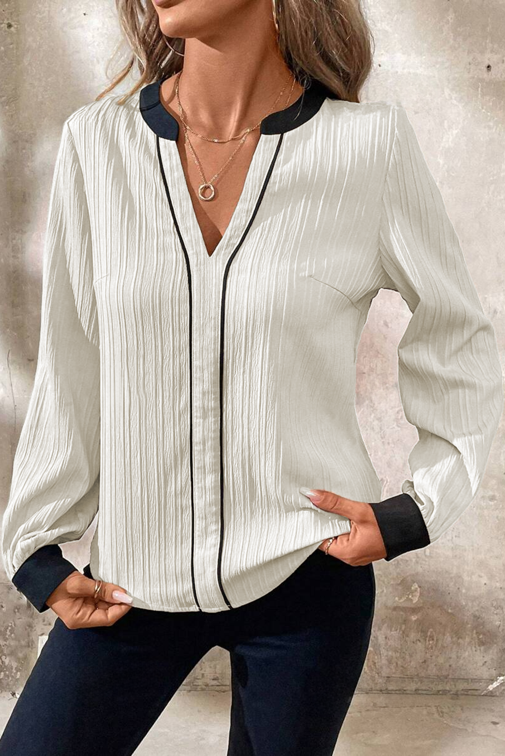 White Colorblock Edge Long Sleeve V Neck Textured Blouse