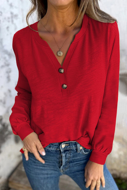 Shop this cute Red Casual Button V Neck Long Sleeve T-Shirt at In Style Chics Boutique ♥️