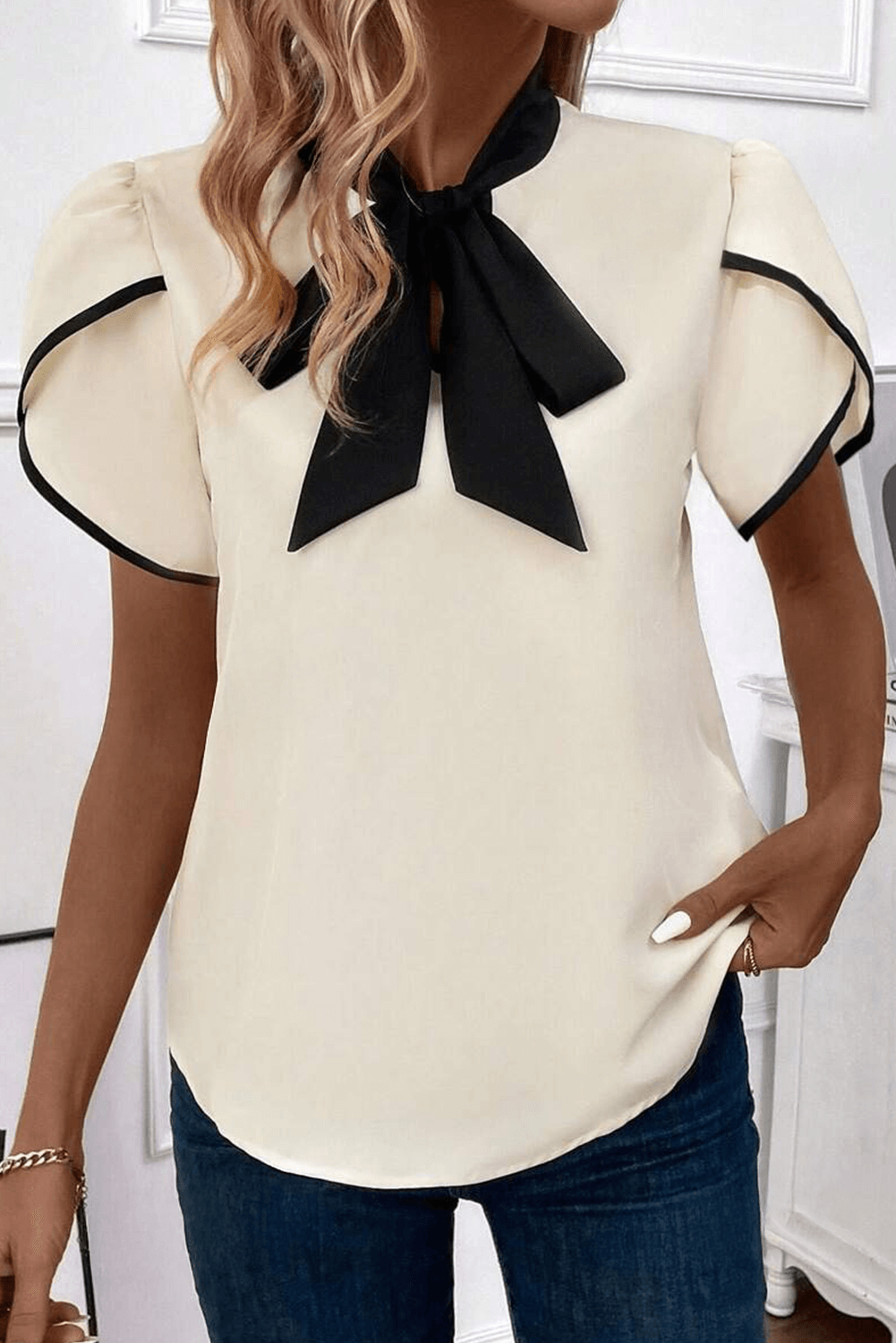 White Elegant Bowknot Neck Tulip Sleeve Blouse - In Style Chics Boutique Online Clothing Women's Juniors Free Shipping