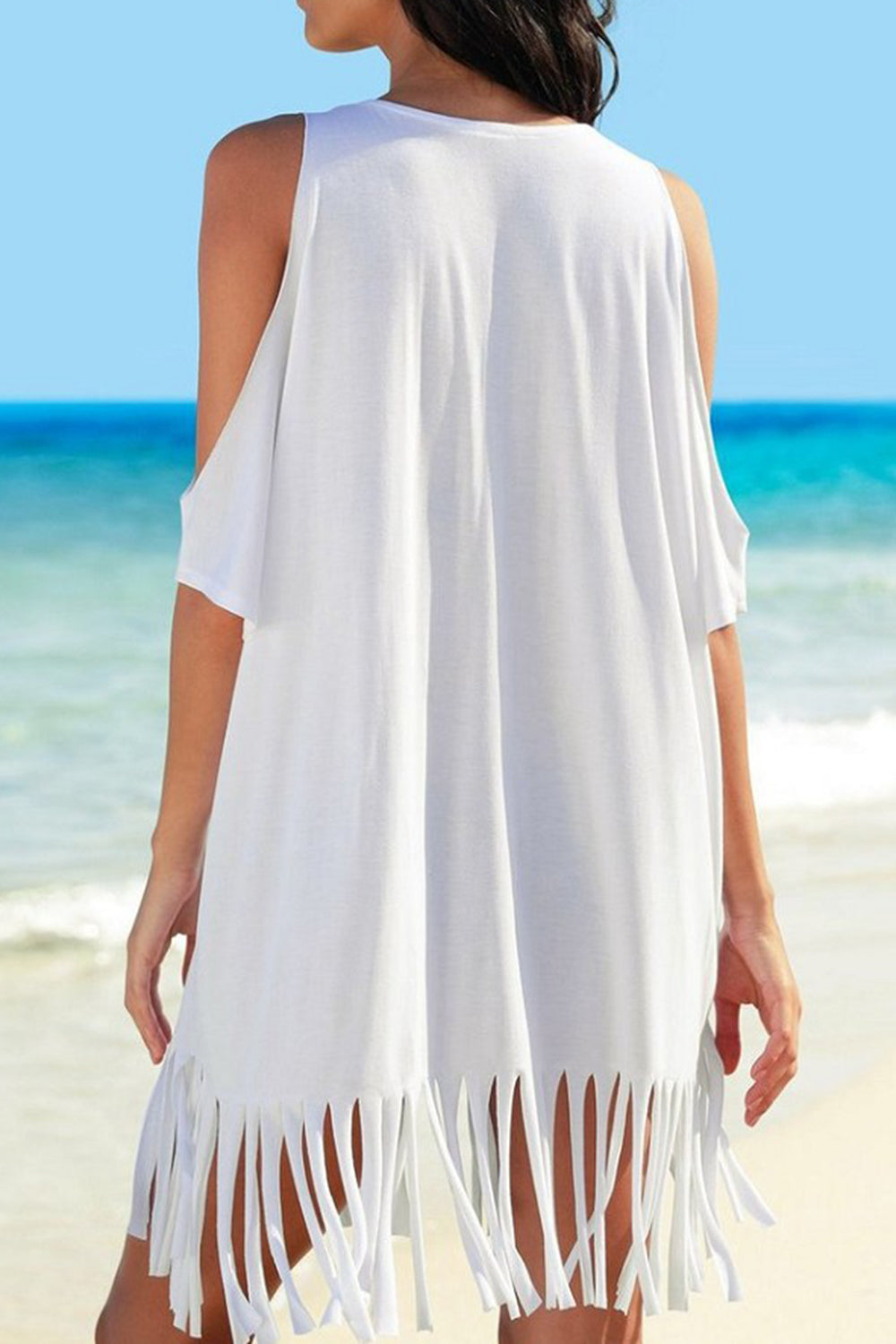 Fringe V-Neck Cold Shoulder Cover Up - Also in Black! - In Style Chics Boutique LLC