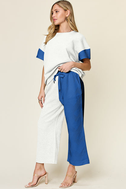 Double Take Full Size Texture Contrast T-Shirt and Wide Leg Pants Set - In Style Chics Boutique LLC