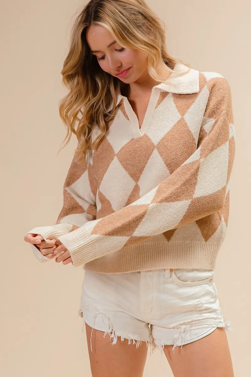 Diamond Pattern Collared Notch Neck Sweater at In Style Chics Boutique 