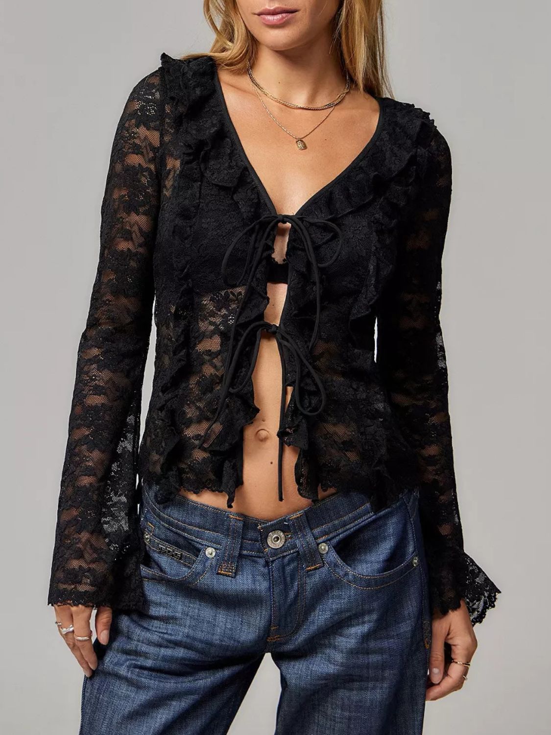 Tied V-Neck Long Sleeve Lace Shirt