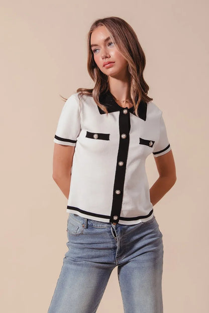Button Down Knitted Short Sleeve Sweater  at In Style Chics Boutique 