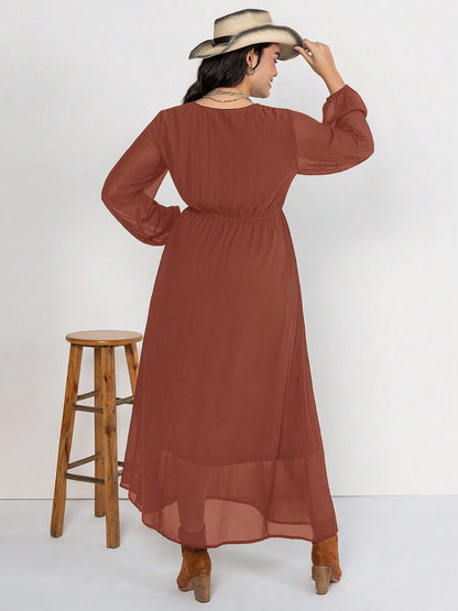 Plus-Size Embroidered Tie Neck Long Sleeve Dress - In Style Chics Boutique LLC