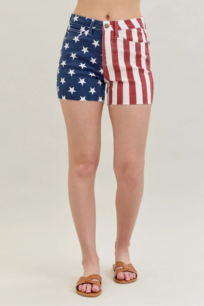 Judy Blue Americana Flag Fray Hem Shorts with High Waist - In Style Chics Boutique 