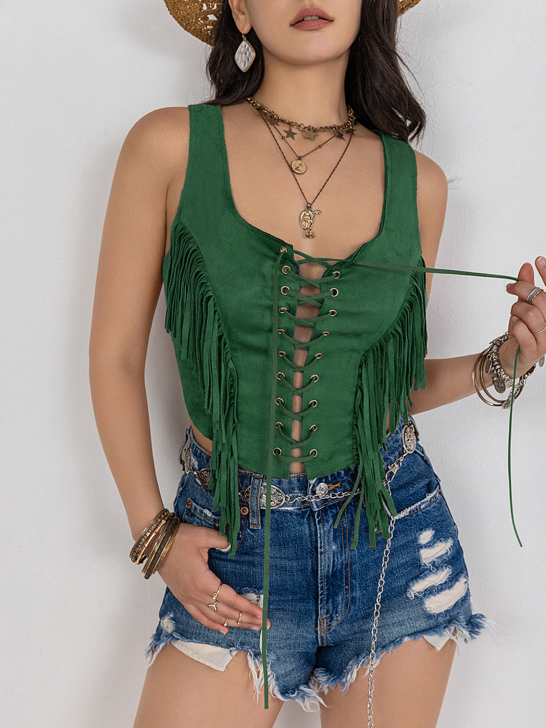 Fringe Lace-Up Wide Strap Tank - In Style Chics Boutique LLC