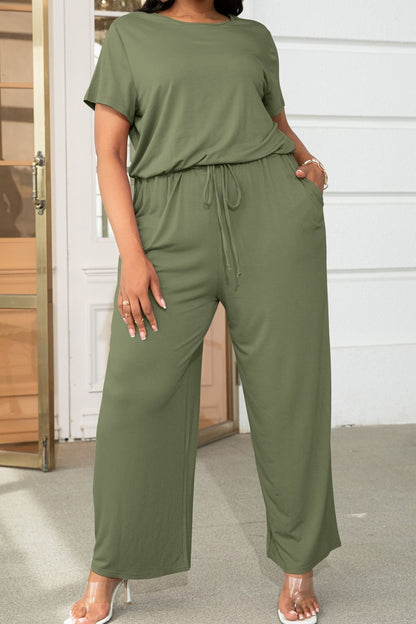 Plus Size Drawstring Waist Short Sleeve Jumpsuit - In Style Chics Boutique LLC