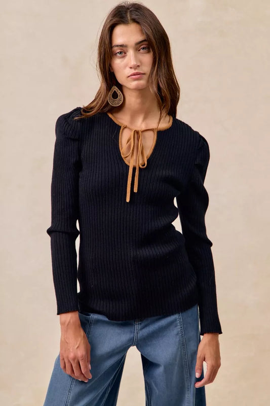 Ribbed Contrast Front Tied 🖤 Top with Shirred Detail at In Style Chics Boutique 