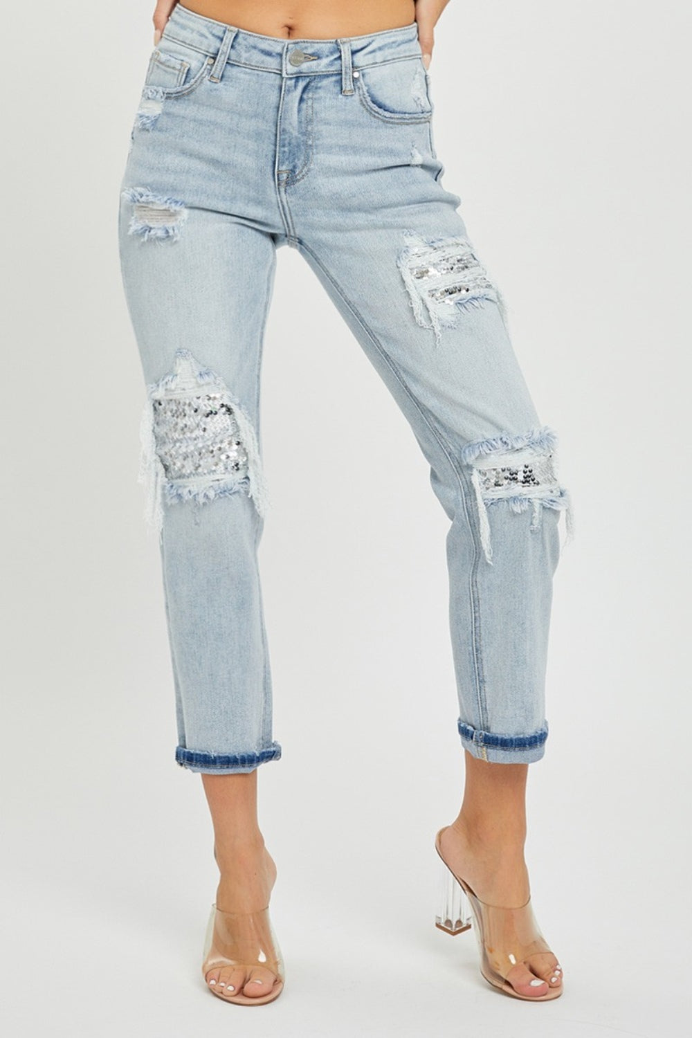 RISEN Mid-Rise Sequin Patched Jeans - In Style Chics Boutique LLC