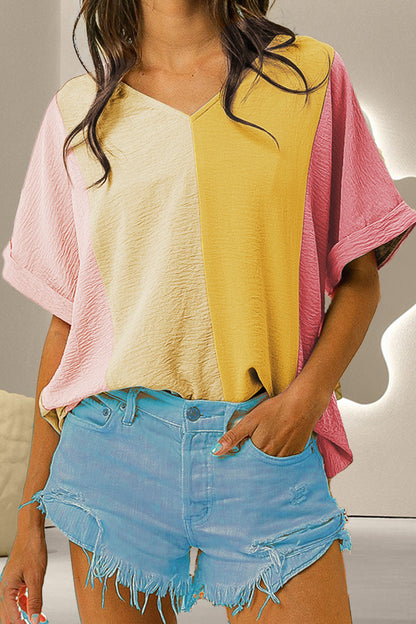 Color Block V-Neck Half Sleeve T-Shirt - In Style Chics Boutique LLC