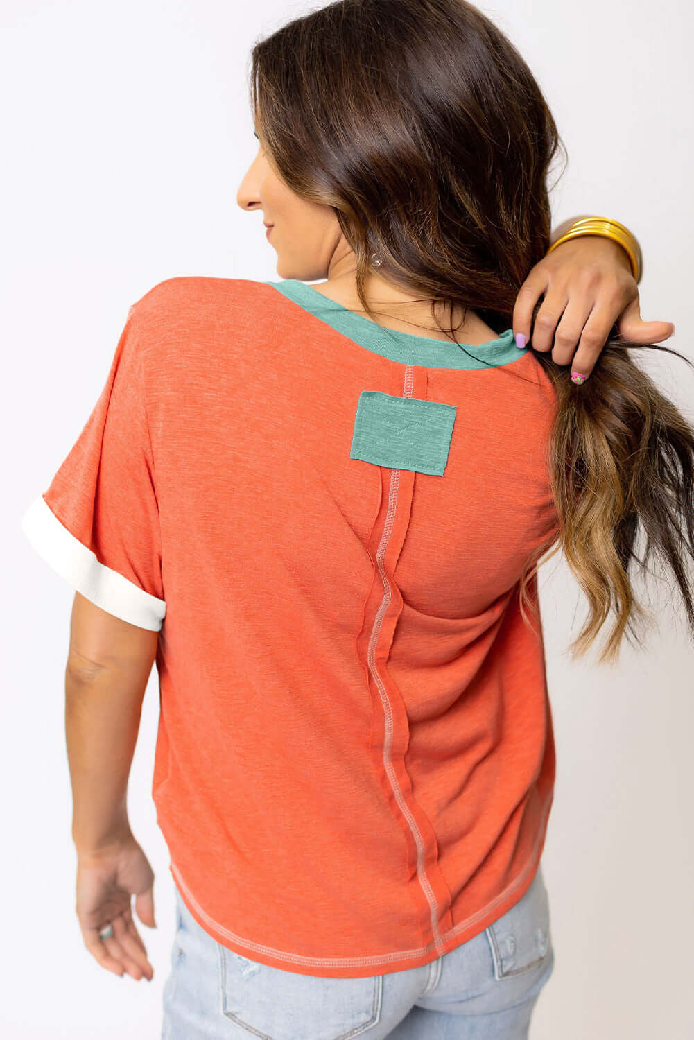 Grapefruit Orange Contrast Trim Exposed Seam V Neck T Shirt - In Style Chics Boutique Cute Clothes Online Women's Juniors 