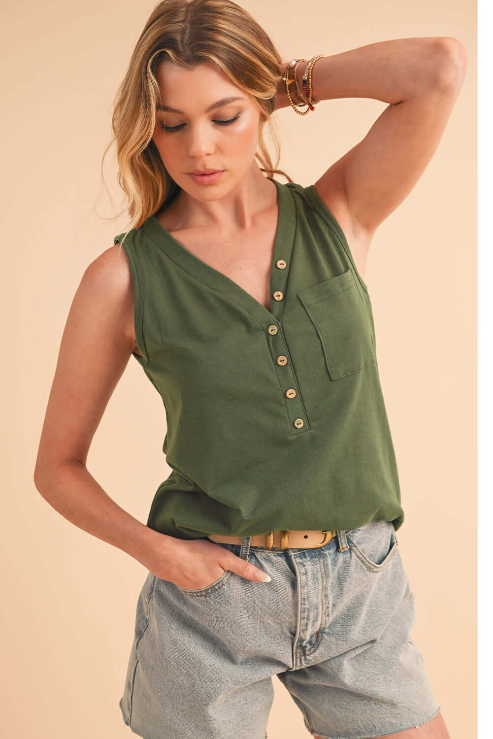 Jungle Green Half Button V Neck Patched Pocket Tank Top - In Style Chics Boutique 