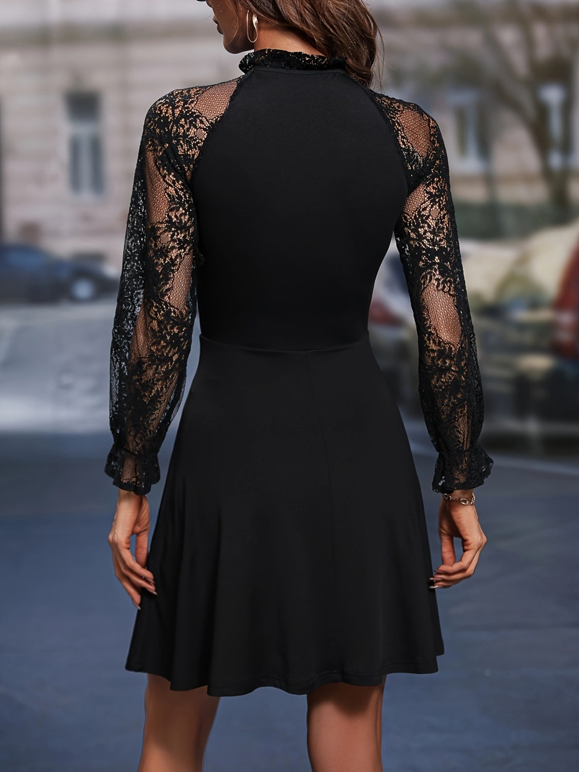 Lace Tie Neck Flounce Sleeve Dress - In Style Chics Boutique LLC