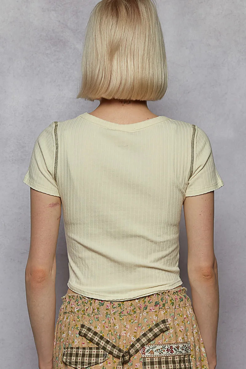 Crop T-Shirt with Contrast Stitching Round Neck  - In Style Chics Boutique 