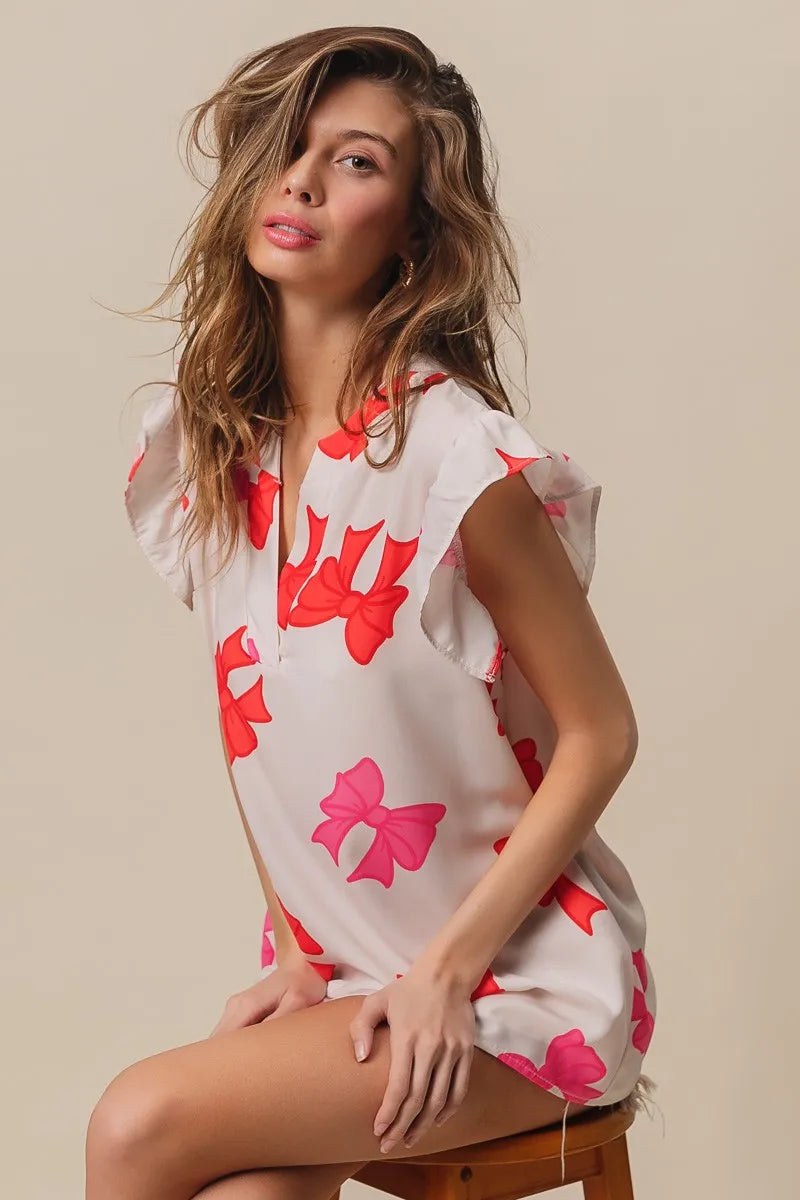 Bow Printed Woven Ruffled Sleeves V Neck Top at In Style Chics Boutique 