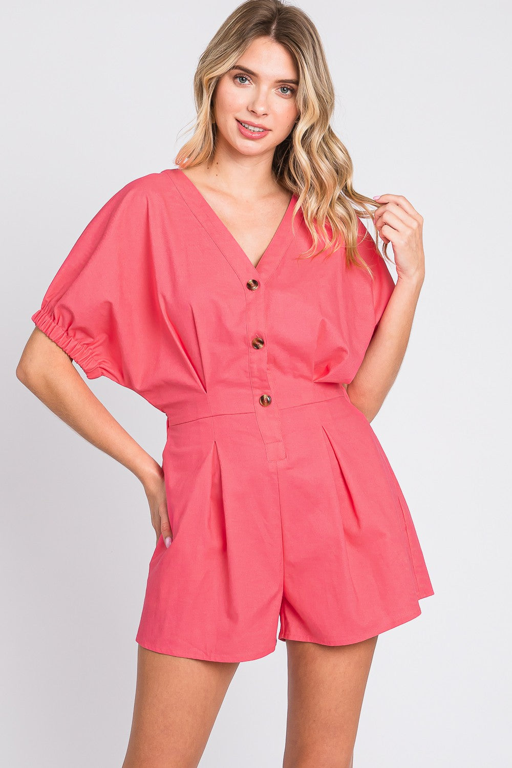 GeeGee Half Button V-Neck Linen Romper - In Style Chics Boutique LLC