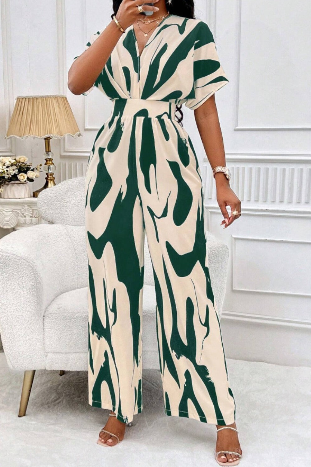 Printed V-Neck Short Sleeve Wide Leg Jumpsuit - In Style Chics Boutique LLC