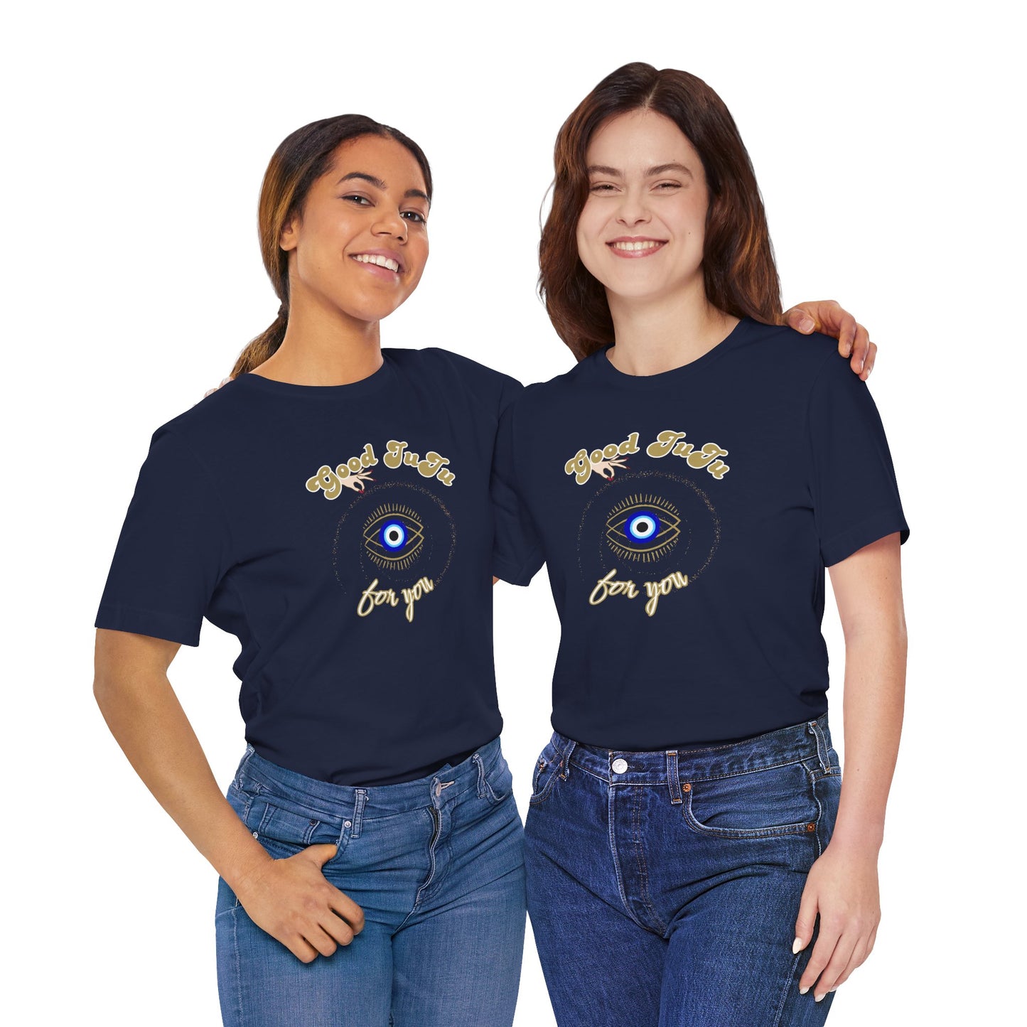 T-Shirt with Positive Message 'Good JuJu for you' and evil eye symbol, Shop Printed Tees at In Style Chics Boutique 