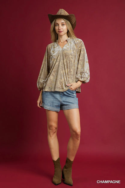 Floral Velvet Blouse with Balloon Sleeves at In Style Chics Boutique 