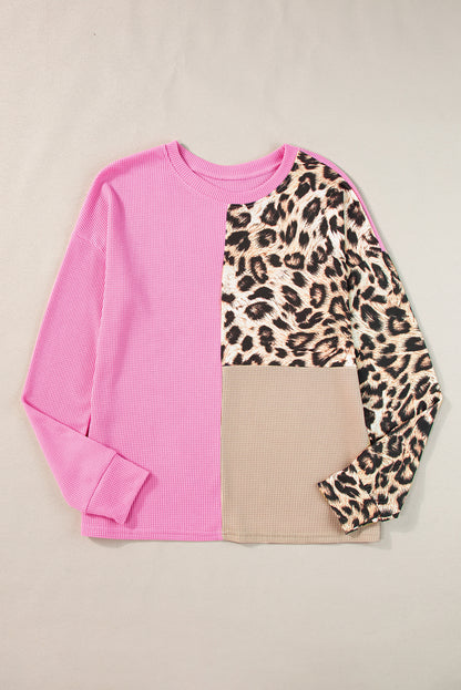 Pale Khaki Casual Waffle Knit Leopard Contrast Long Sleeve Top