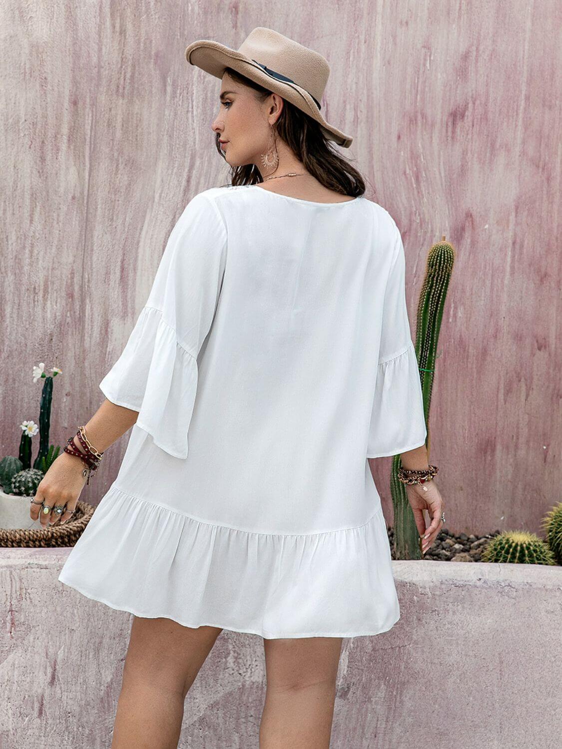 Plus Size Lace Detail Tie Neck Three-Quarter Sleeve Mini Dress - In Style Chics Boutique LLC