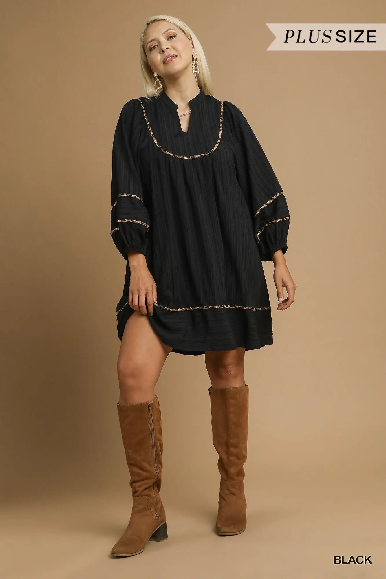 Textured Babydoll Dress with Leopard Trim at In Style Chics Boutique 