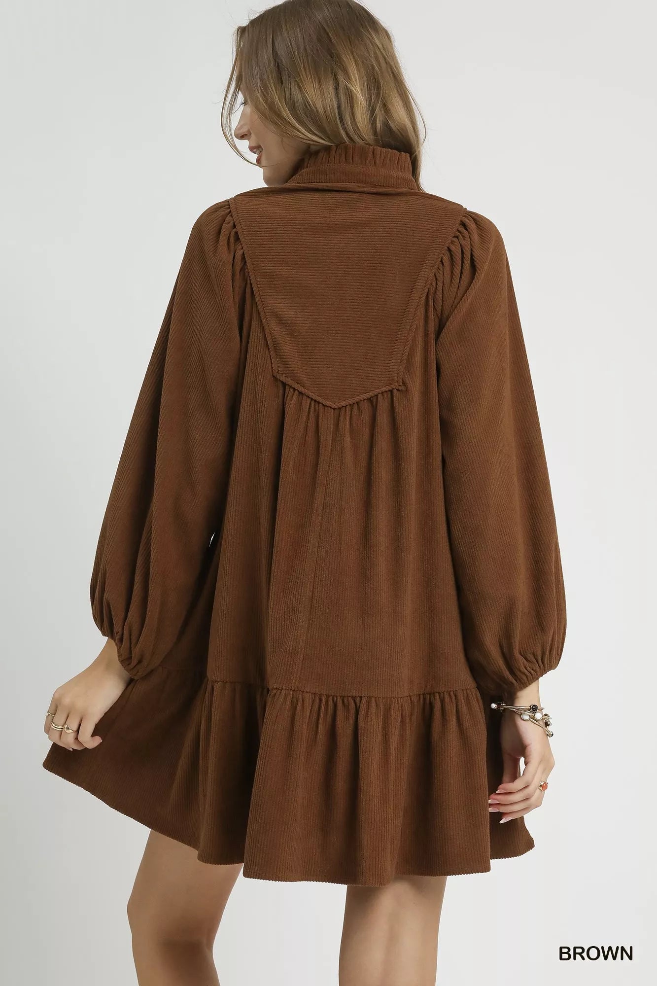 Corduroy Tiered Babydoll Dress in Brown at In Style Chics Boutique 