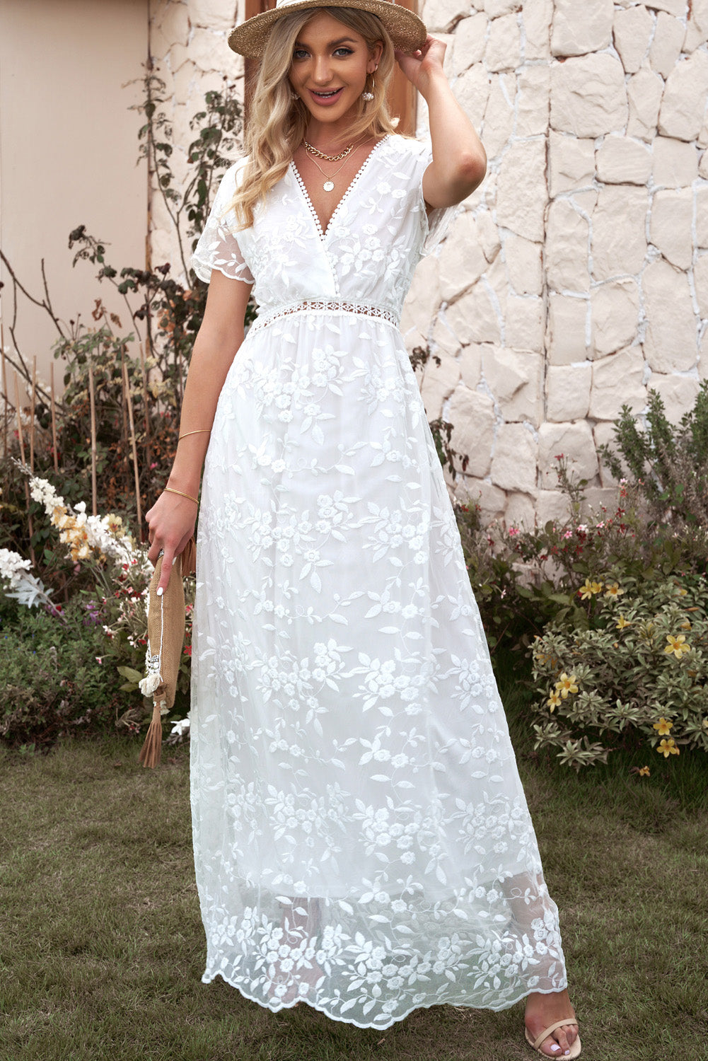 Embroidered Short Sleeve Surplice Neck Maxi Dress - In Style Chics Boutique