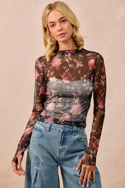 Flower Printed Mesh Lace Top with Thumb Opening at In Style Chics Boutique
