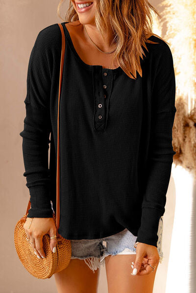 Half Button Drop Shoulder T-Shirt - In Style Chics Boutique Women's Juniors Apparel Online Plus Size 