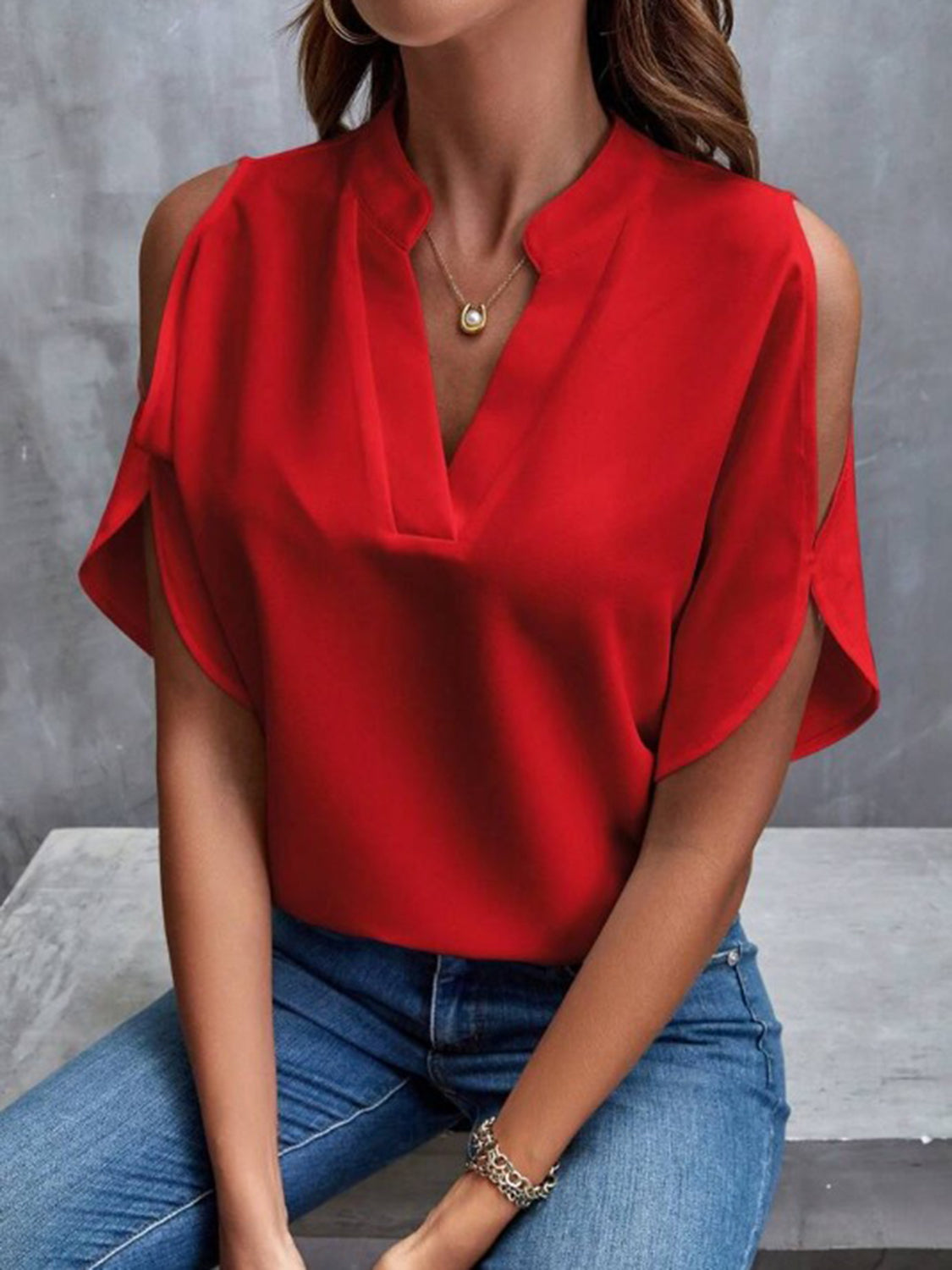 Notched Cold Shoulder Half Sleeve Blouse - In Style Chics Boutique LLC