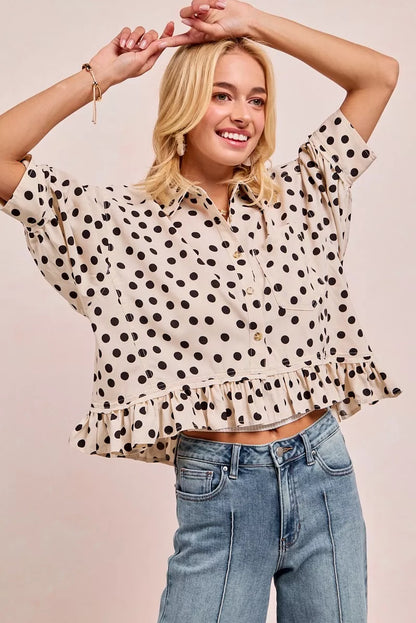 Shop Polka Dot 🤍🖤 Printed Peplum Top with Front Button at In Style Chics Boutique