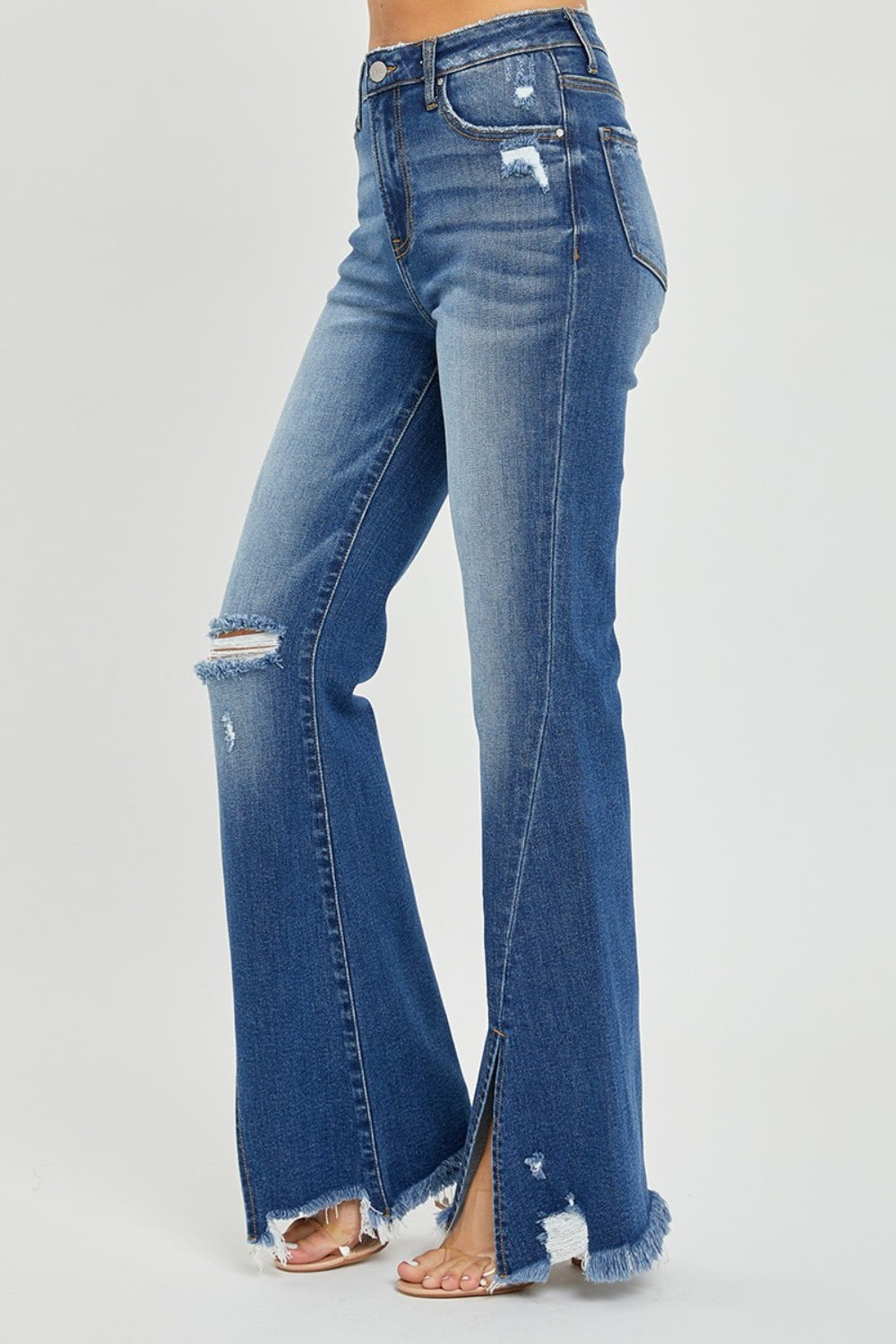 RISEN Full Size High Rise Front Slit Frayed Hem Flare Jeans - In Style Chics Boutique LLC