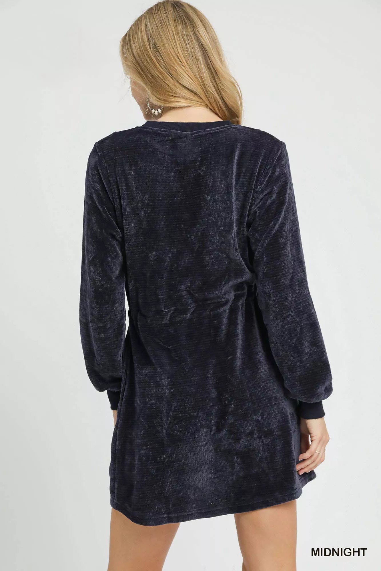Velour Drawstring Mini Dress with Long Sleeves at In Style Chics Boutique 