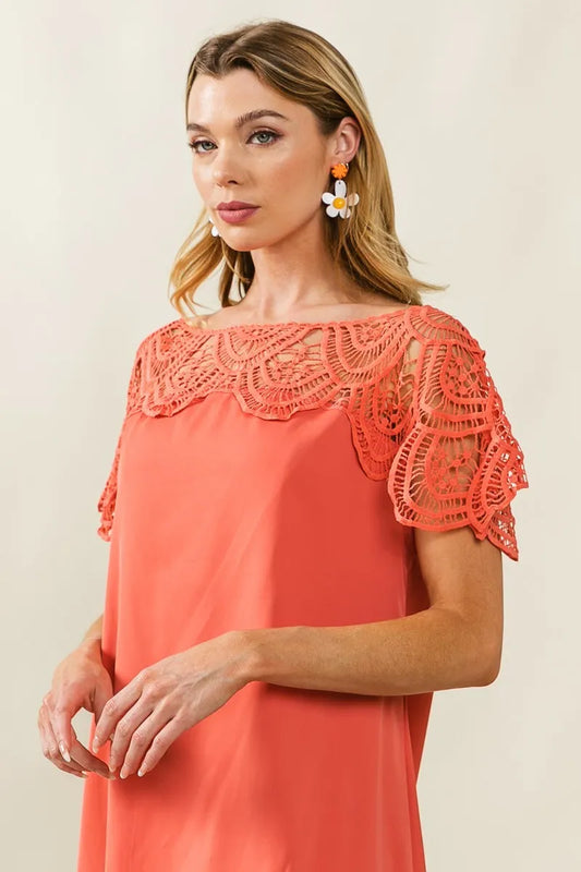 Crochet Lace Yoke Detailed Wrinkled Dress - In Style Chics Boutique Women's Juniors Clothes 