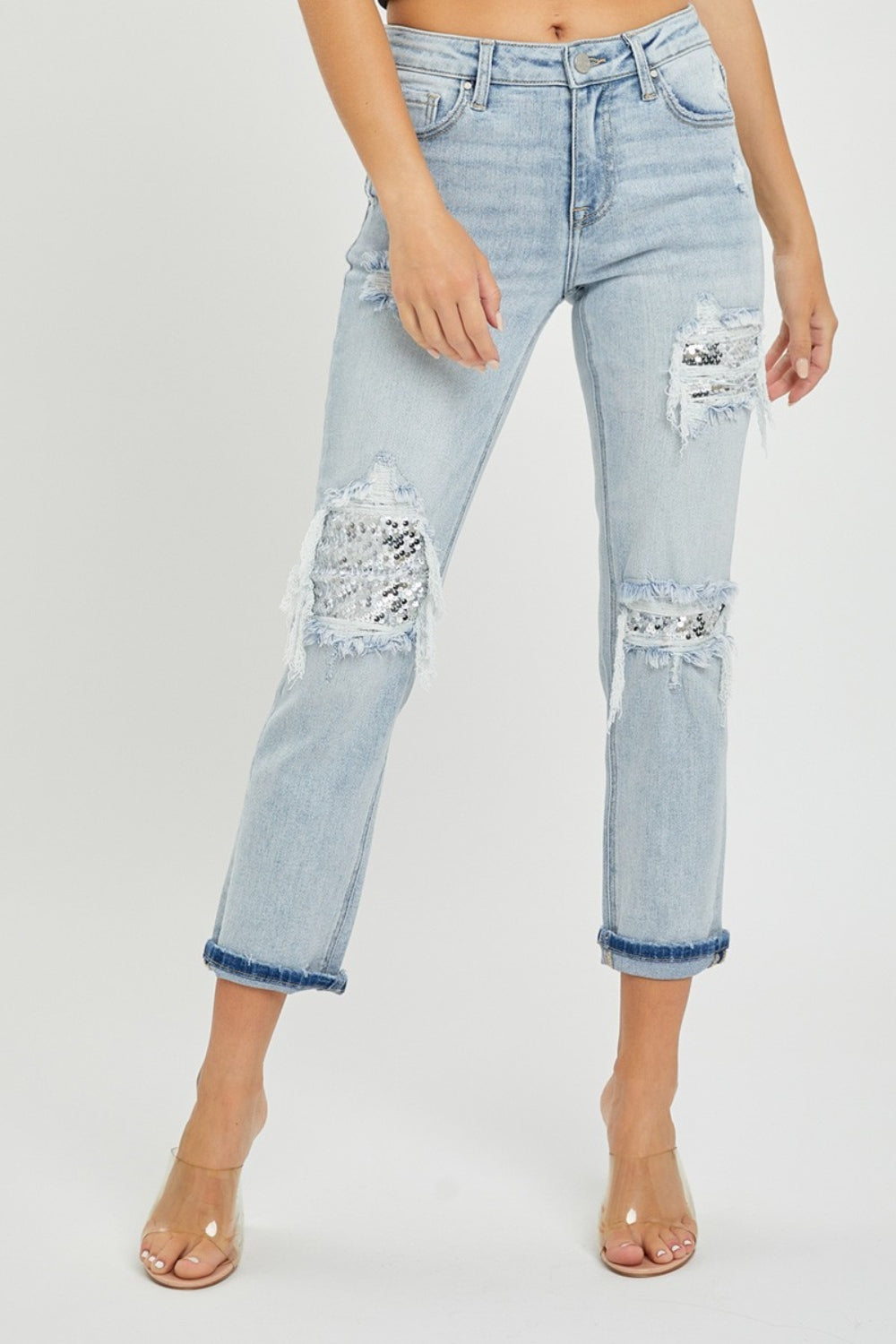 RISEN Mid-Rise Sequin Patched Jeans - In Style Chics Boutique LLC