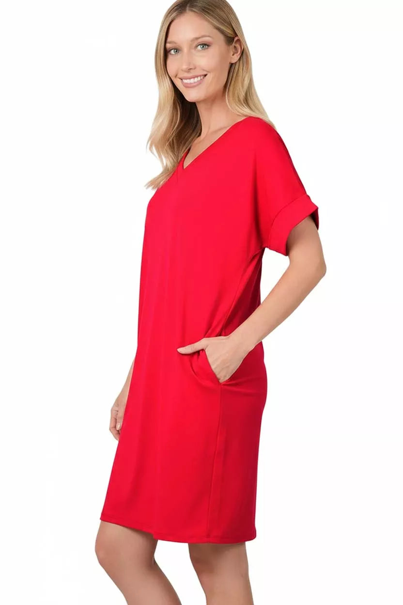 Zenana Brushed DTY Rolled Short Sleeve V-Neck Dress