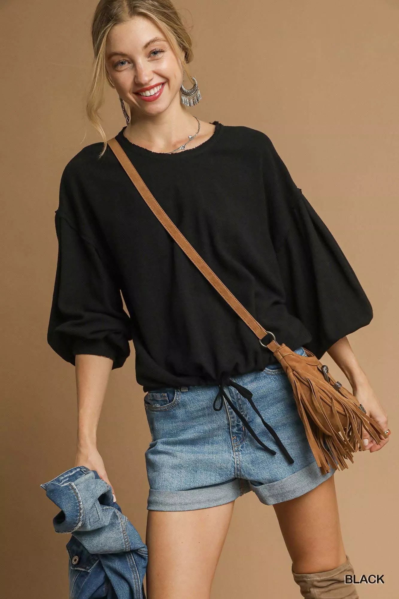 Linen Long Sleeve Top with Drawstring  at In Style Chics Boutique 