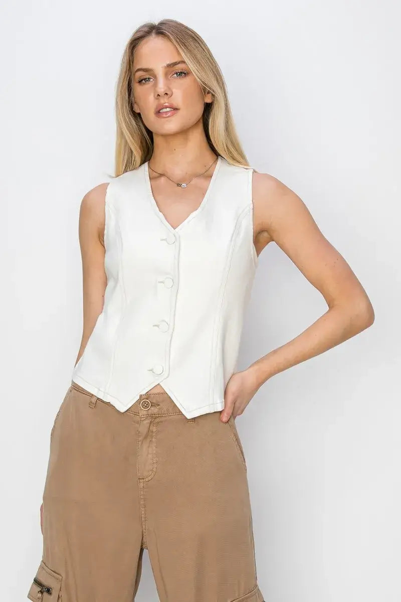 RISEN V Neck Button Down White Vest - In Style Chics Boutique Women's Juniors Plus Size Apparel Online 