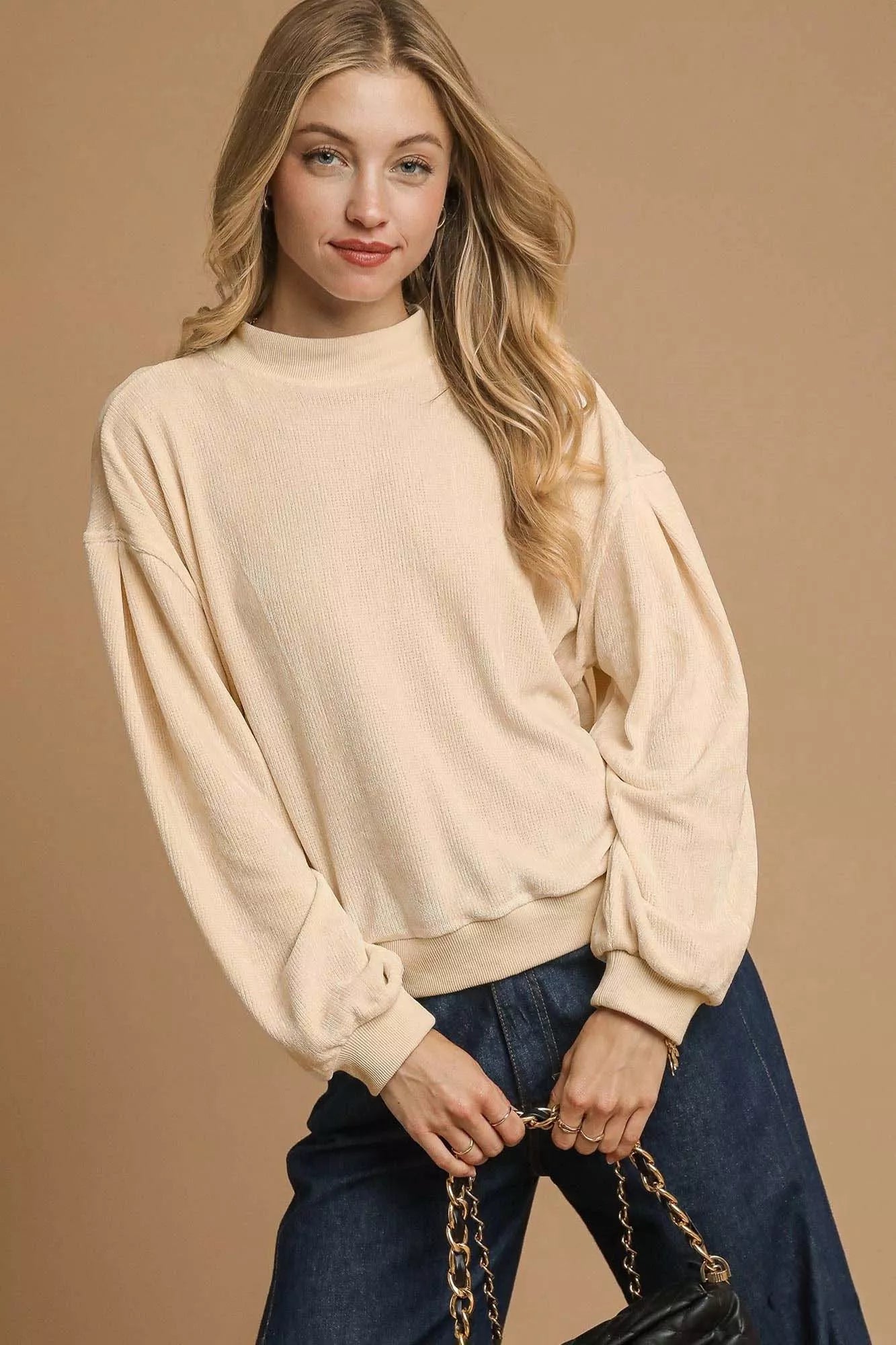 Velour Crewneck Balloon Sleeve Sweatshirt at In Style Chics Boutique 