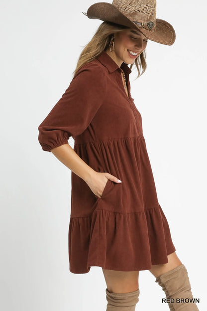 Tiered Corduroy Mini Dress with Balloon Sleeves at In Style Chics Boutique 